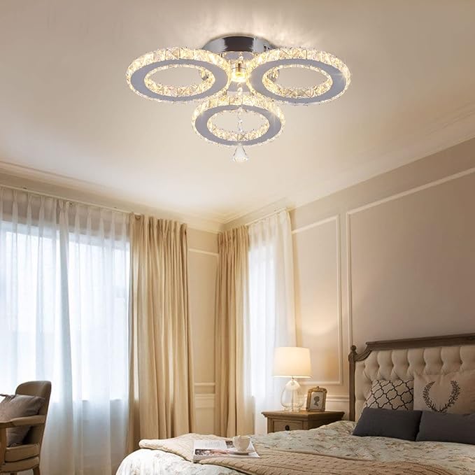 LED Crystal Pendant Ceiling Light 13x3.5 Inches 3 Rings Crystal Chandelier Flush Mount Lighting Fixture for Bedroom Hobby Living Room (Warm White)