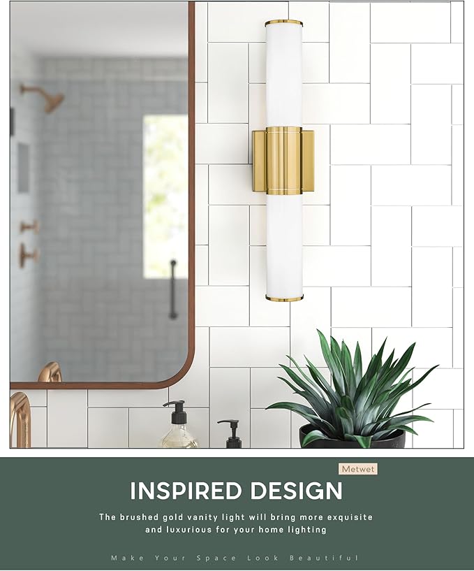 Bathroom Light Fixtures Set of 2, 2 Light Vanity Lights for Mirror with Milk Glass Shade, Up and Down Wall Sconces for Bathroom Bedroom Hallway, Brushed Gold, VL834-BG-ML-2PK