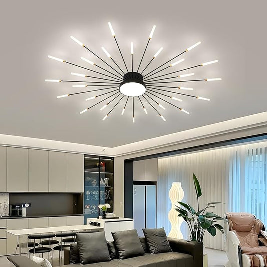 JAYMP 50.4" Ceiling Light Modern Flower Shape Ceiling Lamp for Living Room Dining Room Flush Mount Metal Acrylic Sputnik Firework Petal LED Lighting Fixture (Matte Black, 30+1 Lights)