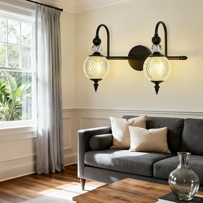 Vintage Vanity Light 2 Lights Black Bathroom Light Fixtures Over Mirror with Acrylic Globe Shade