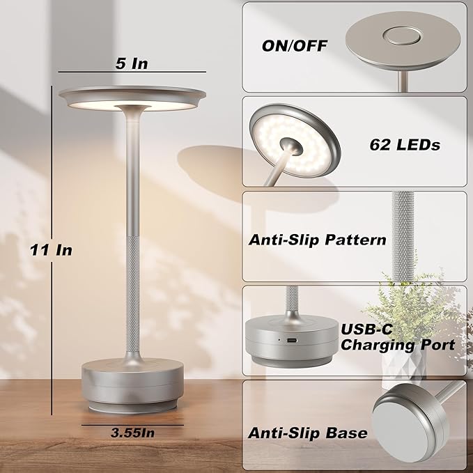 TBBGA 1 Pack Rechargeable Cordless Table Lamps, Portable 5000mAh Battery Table Light, 3 Color Stepless Dimming LED Table Light with Memory Function, for Outdoor/Dinner/Patio/Restaurant.(Silver)