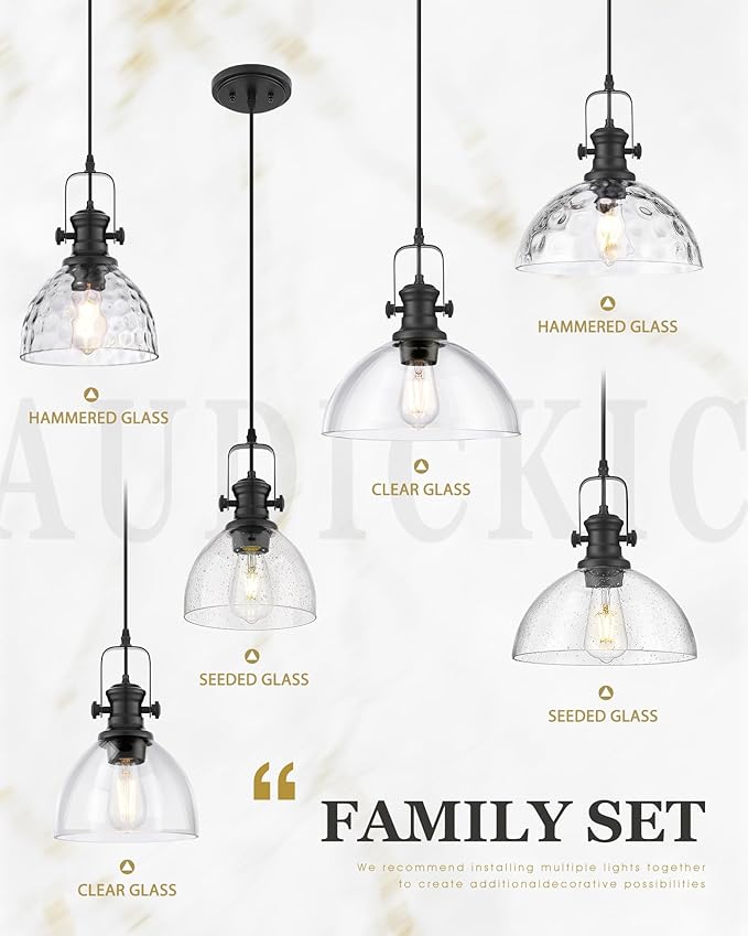 2-Pack Pendant Lights Kitchen Island, 7.5" Farmhouse Black Pendant Lighting with Hammered Glass Shade, Vintage Hanging Light Fixtures for Dining Room Entryway, AD-22151-1P2-BK-H