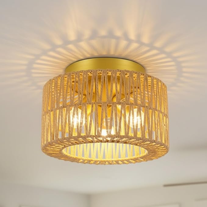 Boho 3-Light Farmhouse Rattan Ceiling Light, Gold Flush Mount with Hand-Woven Shade, Modern Chandelier for Living, Bedroom, Entryway, Kitchen Isalnd