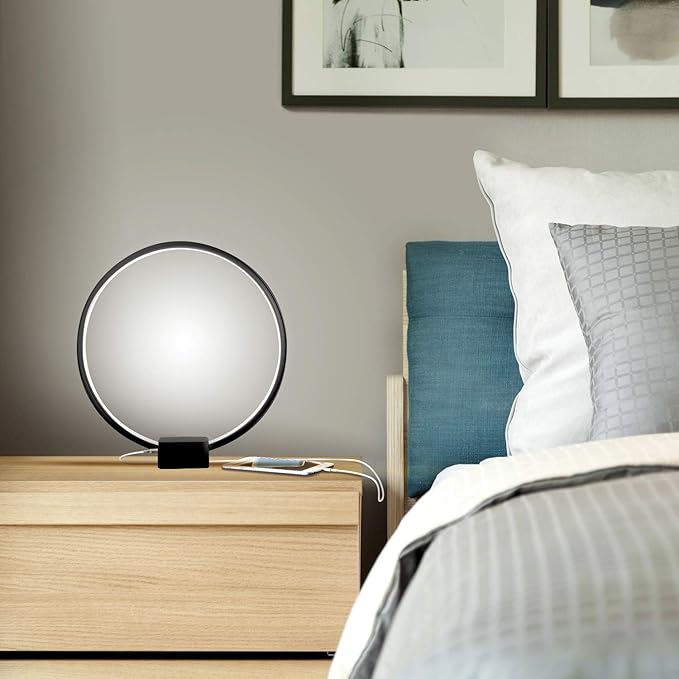 Brightech Circle LED Nightstand Lamp with USB Port – Compact Bed Stand Lamp for Bedroom, Living Room - Modern Asian Table & Desk Lamp on Side & End Tables - Jet Black