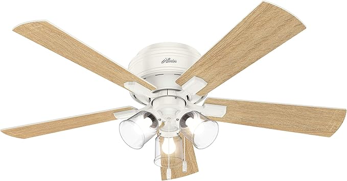 Hunter 52 inch Indoor Ceiling Fan with LED Lights and Pull Chain - Low Profile Mount White Ceiling Fan, 5 Blades, For Bedroom, Living Room, or Kitchen, Quiet - Crestfield 54207, Fresh White