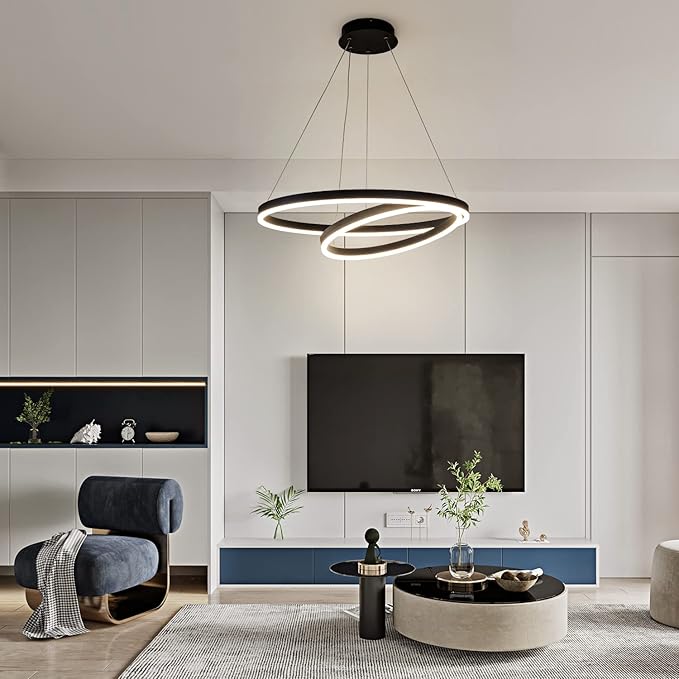 Modern LED Ring Pendant Hanging Round Ceiling Light Fixture,Adjustable LED Pendant Light with 2 Rings for Living Room,Dining Room, Bedroom Warm White Light 4000K,（Black）