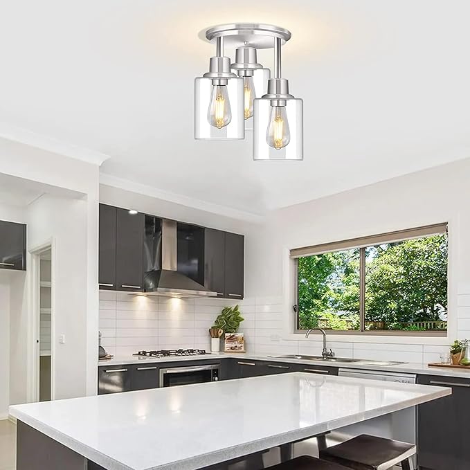 ROTTOGOON Semi Flush Mount Ceiling Light, 3 Light Close to Ceiling Light Fixtures, Brushed Nickel Finish Kitchen Light Fixtures with Clear Glass Shades, Modern Hallway Light Fixtures Ceiling Mount
