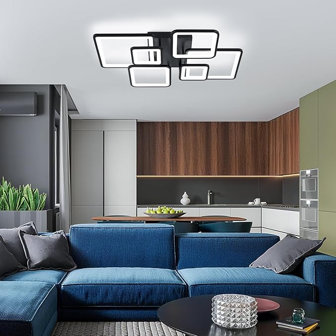 31.5''Dimmable Modern LED Ceiling Light Black 6Rings Square Ceiling Lamp 3000K-6500K Flush Mount Ceiling Lightwith Remote for Dining Room, Kitchen, Living Room