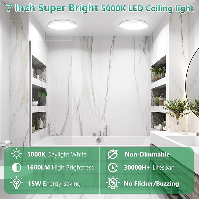 Brightever 6 Pack LED Flush Mount Ceiling Light, 7 Inch 15W, Ultra Thin 0.67 Inch Small Ceiling Light Fixture, 5000K Daylight White 1600LM Flat LED Ceiling Light for Closet, Pantry, Non-Dimmable