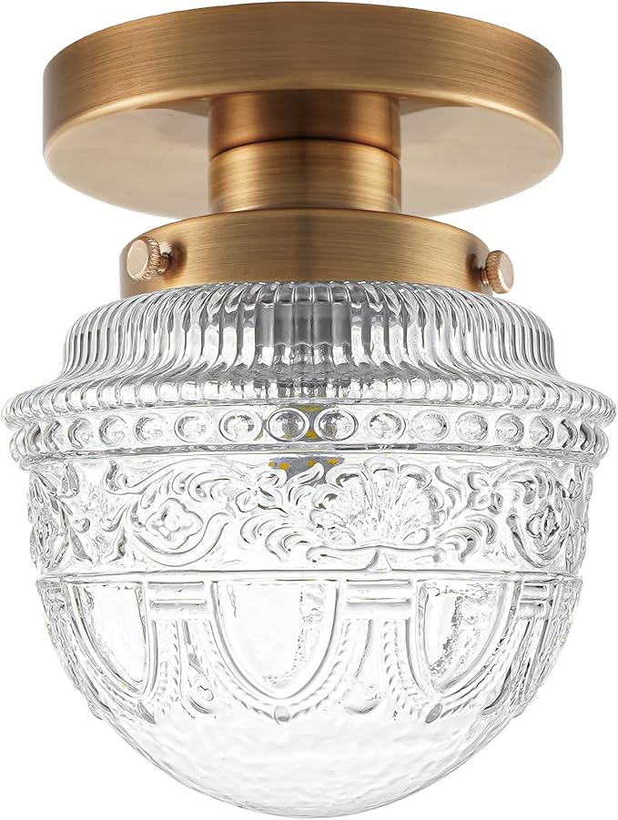 DSMJFU Brass Semi Flush Mount Ceiling Light, Small Hallway Light Fixture, Vintage Close to Ceiling Light Fixture for Bathroom, Entryway, Foyer, Closet