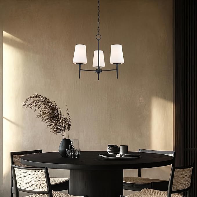 Montgomery 3-Light Chandelier | Black Finish with White Frosted Glass Shade | Adjustable Hanging Height to 82.75" | Uses E26 Medium Base Bulb