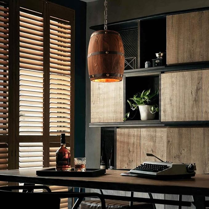 Newrays Antique Wood Wine Barrel Pendant Lamp Hanging Rustic Unique Kitchen Bar Ceiling Lamp Light Fixtures (XS)