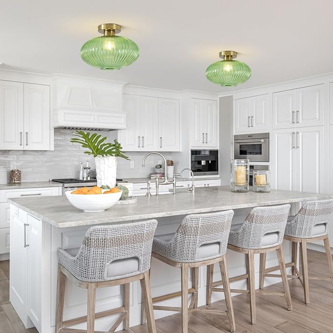 BOKT Green Stripe Glass Semi Flush Mount Ceiling Light 1-Light Mid-Century Modern Close to Ceiling Light Kitchen Ceilings Light Fixture E26 Glass Ceiling Lamp for Bedroom Hallway