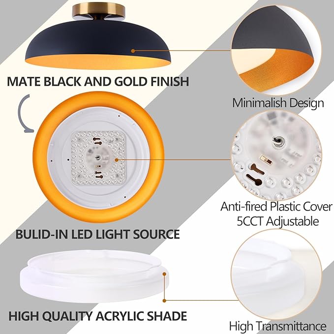 Bargeni Flush Mount Ceiling Light,12.5 inch Ceiling Lighting Fixture,Mid Century Light Fixtures Ceiling Mount,5CCT Dimmable/2700K-6000K/20W,Kitchen Lighting Fixtures Ceiling,ETL Certified