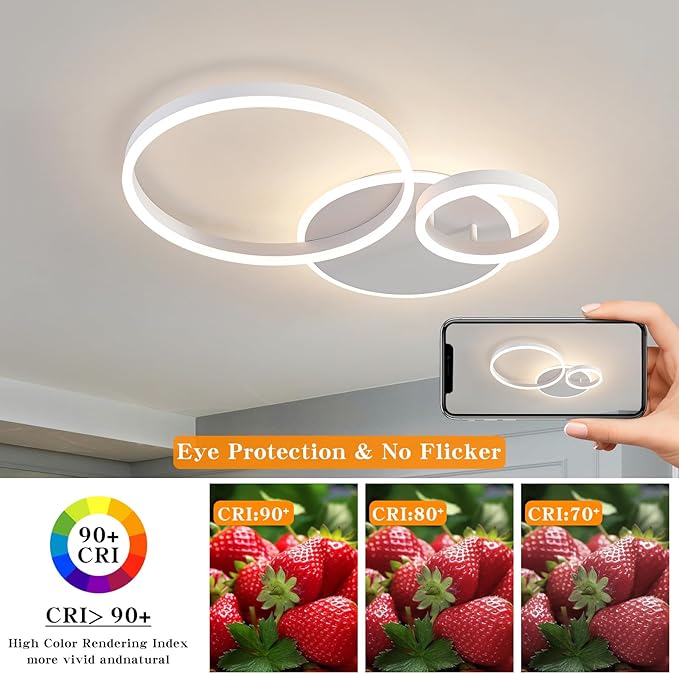 O'NEELDY Modern 3 Ring LED Chandelier Lamp Fixture White 25.59''Dimmable Acrylic Flush Mount Ceiling Lights with Remote Control Ideal for Small Room, Kitchen, Bedroom