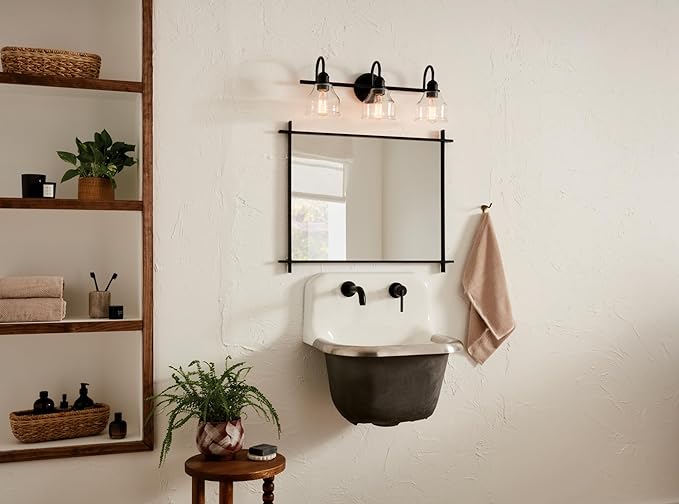 Kichler Avery 24" 3-Light Bathroom Vanity Light Fixture with Clear Seeded Glass in Black for Modern Industrial Farmhouse Style, Wall Mount Over Mirror (24" x 9.5" x 8.25"), 45973BK