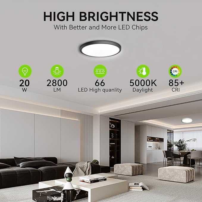 MODERN 12 Pack Super Thin 9inch 2800lm Flush Mount LED Ceiling Light Black, 5000K Daylight, Undimmable Ceiling Light Surface Mount for Bedroom, Living Room, Dining Room, Garage, Office