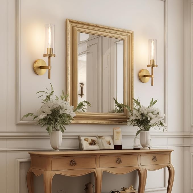 15" Knurled Brass Wall Sconce with Clear Glass Tube, Gold Bathroom Vanity Light Fixtures, Modern Lamp Lighting for Bedroom, Living Room, Hallway, Staircase, Mirror, Kitchen