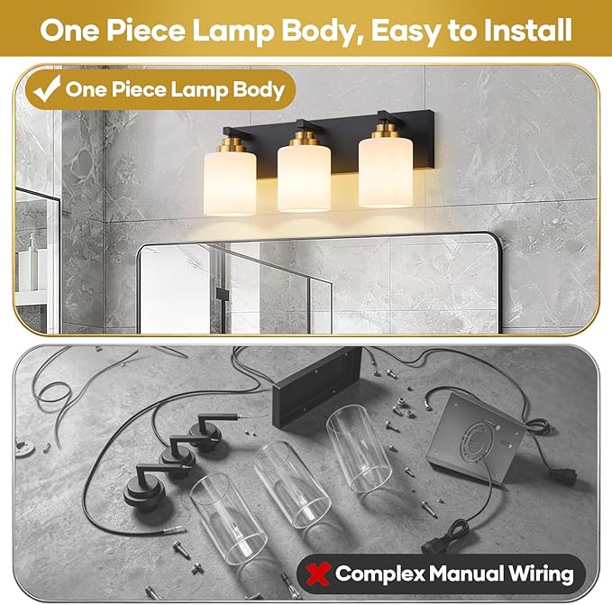 Vanity Lights for Bathroom, 3-Light Black and Gold Bathroom Vanity Light Over Mirror with Milky White Glass Shades, Modern Bathroom Light Fixtures for Living Room Hallway Cabinet (Bulbs Not Included)
