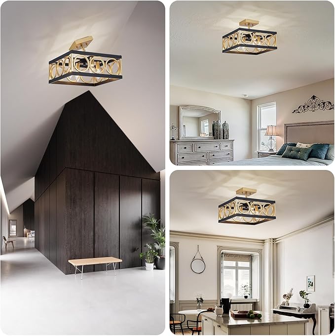 XINGQ Black and Gold Ceiling Light Fixture Modern 4-Light 13'' Semi Flush Mount Ceiling Lights for Living Dining Room Bedroom with Square Metal Shade, E12 Bulb Base
