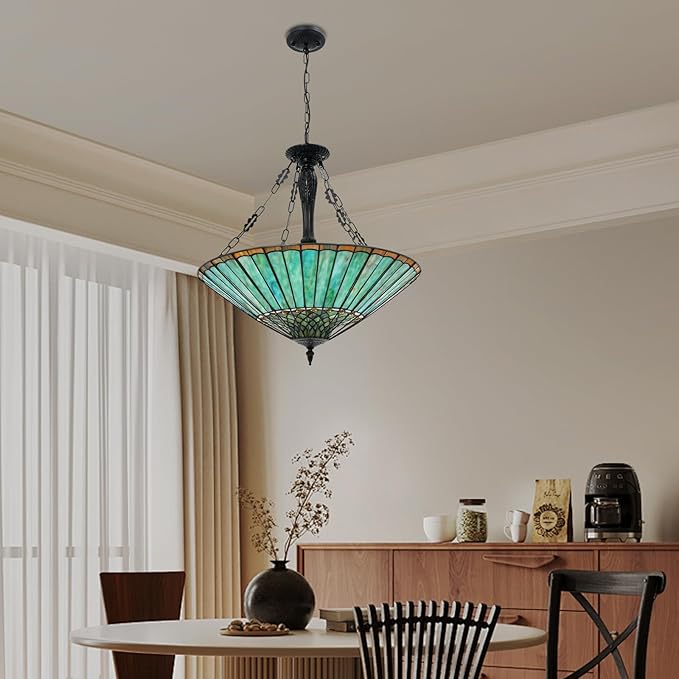 Pendant Light Fixtures, 23.62" Wide Stained Glass Inverted Antique Style Ceiling Pendant for Dining Room, 5 Lights Hanging Lamp for Living Room Kitchen Entryway