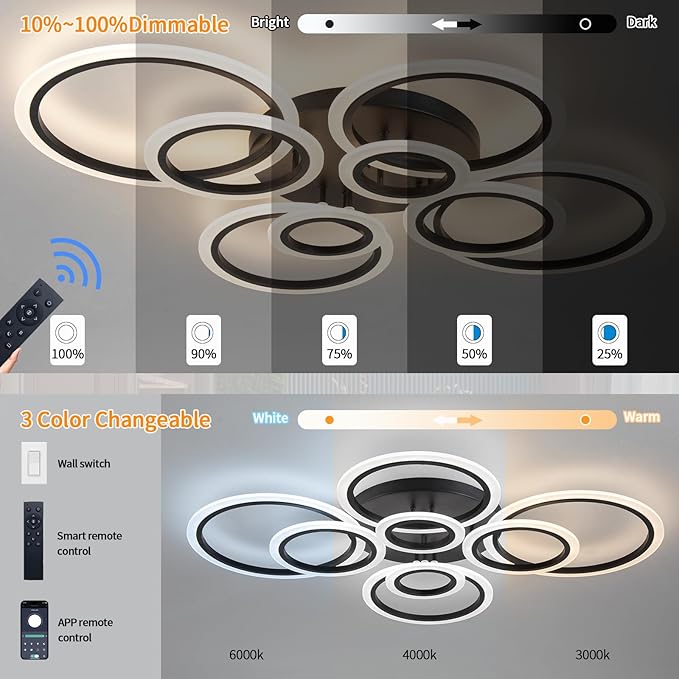 Shine LUEST Modern Ceiling Light, 41.3'' Dimmable LED Black Flush Mount Ceiling Lights with Remote Acrylic Round Ceiling Lamp Fixture for Low Ceiling Bedroom Living Room Dining Room, 108W