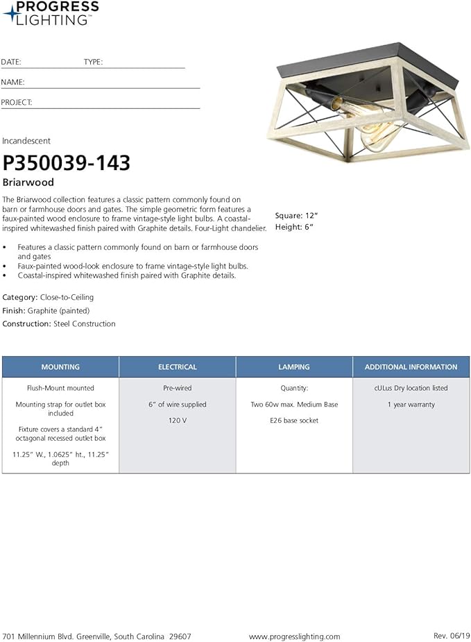 Progress Lighting Briarwood Collection 2-Light Ceiling Light, Flush Mount Ceiling Light Fixture for Interior Kitchen Lights, Hallway, Bedroom, Living Room, 12-Inch by 6-Inch, Graphite