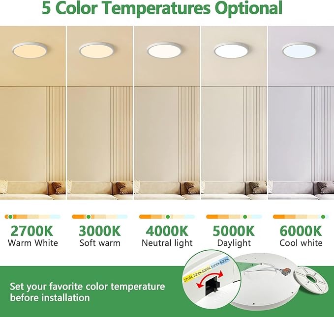 12 Inch 12PK Dimmable LED Flush Mount Ceiling Light,2700K/3000K/4000K/5000K/6000K CCT Selectable, Round Flat Panel Ceiling Lamp for Bedroom/Bathroom/Living Room (White, 12" 12PK)