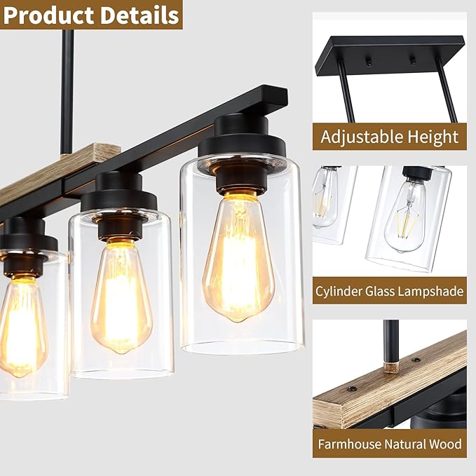 Yusist Farmhouse Kitchen Island Lighting,5-Light Dining Room Light Fixtures Over Table Linear Chandelier Pendant Lighting with Glass Shade and Adjustable Rods for Dining Table Living Room