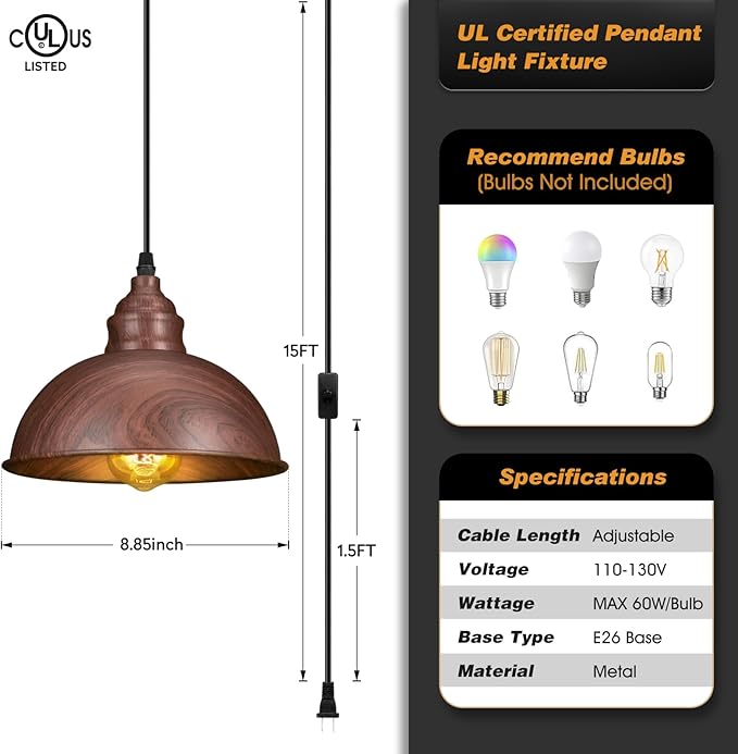 Plug in Pendant Light, 15FT Hanging Lights, On/Off Switch, Industrial Pendant Light with Plug in Cord, Metal Hanging Lamps for Living Room, Kitchen, Dining Room Brown