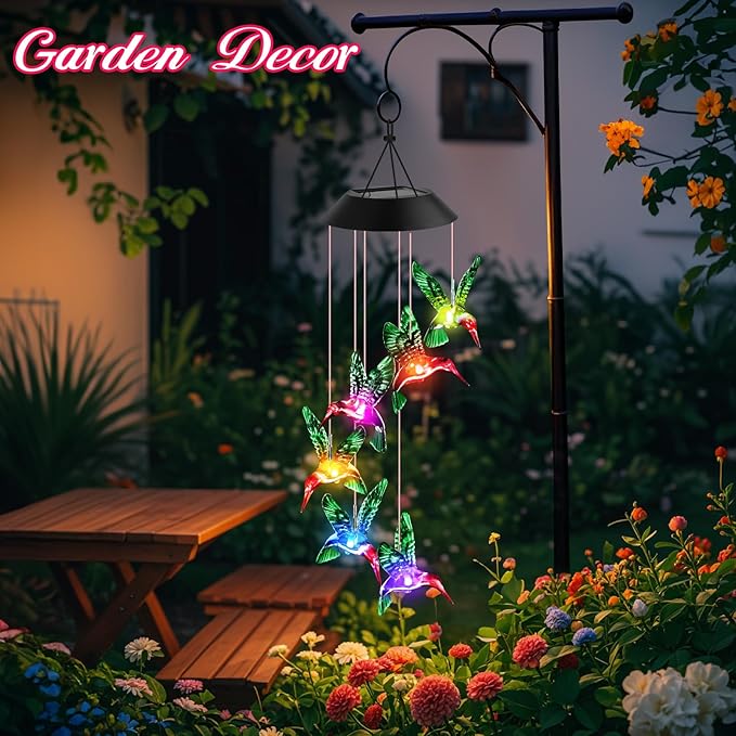 Gifts for Grandma Mom Nana Wife Sister, Mother Birthday Gardening Hummingbird Gifts for Women, Winzwon Wind Chimes Solar Lights Outdoor Decor for Garden Patio Yard Porch