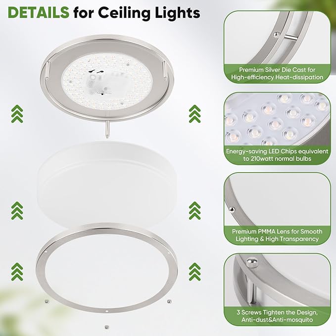 10 Inch LED Flush Mount Ceiling Light, Brushed Nickle Kitchen Lighting Fixture with 2700K/3000K/4000K/5000K/6500K 5 Color Adjusted, Dimmable Modern Round LED Light for Bedroom Living Room, 1-Pack