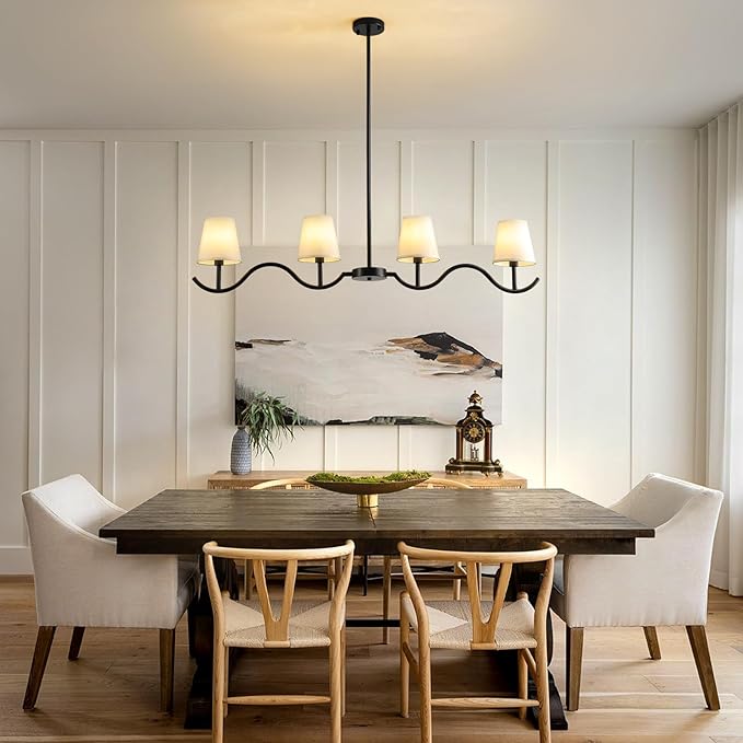 4-Light Linear Chandelier, 47"Black Farmhouse Light Fixture for Dining Room Kitchen Island, Modern Pendant Lighting with Fabric Shades, Adjustable Height Kitchen Island Light Fixture,E12 Base