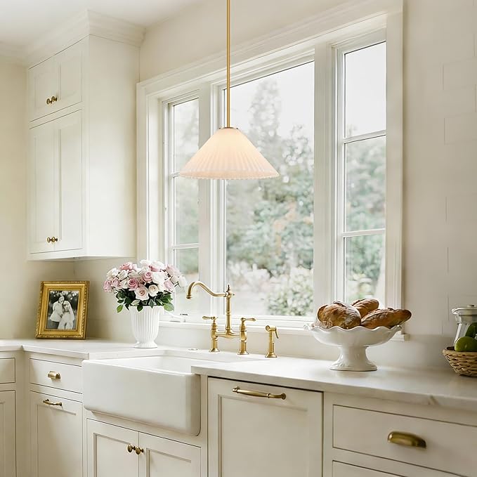 15.7 Inch Modern Pendant Lights, Ribbed Milk Glass 1-Light Single Pendant Lighting Fixtures, White Cone Mid Century Ceiling Hanging Light for Kitchen Island Dining Room Over Sink Table Hall