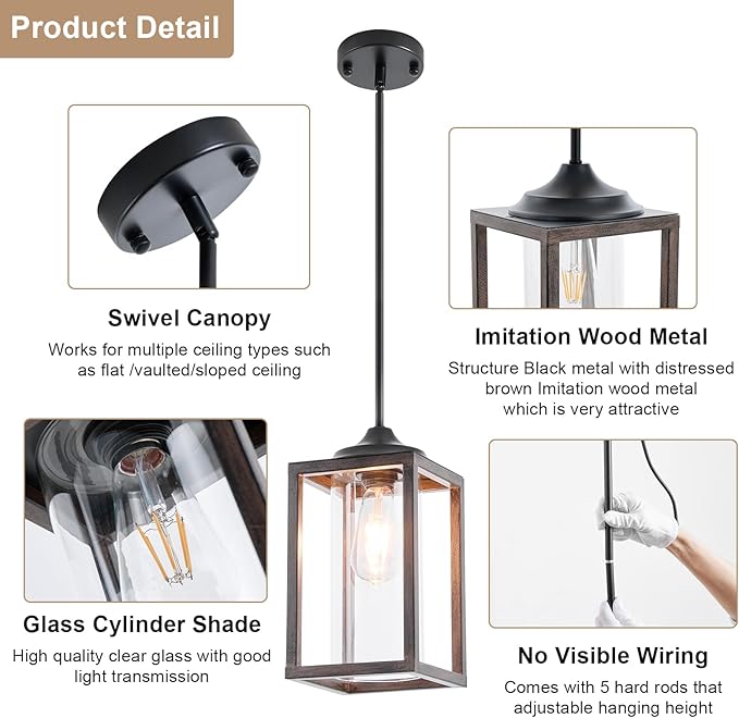 Farmhouse Pendant Light in Wood and Metal Cage, Rustic Pendant Light with Glass, Adjustable Hanging Light Fixtures, Mini Pendant Lighting for Kitchen Island, Hallway, Foyer (Square Brown-1 Pack)