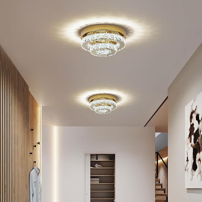 Gold Crystal Chandelier Flush Mount Ceiling Light, 9.8" Surface Mount LED Fixture with Built-in Light, Mini Bedroom Light 6000K