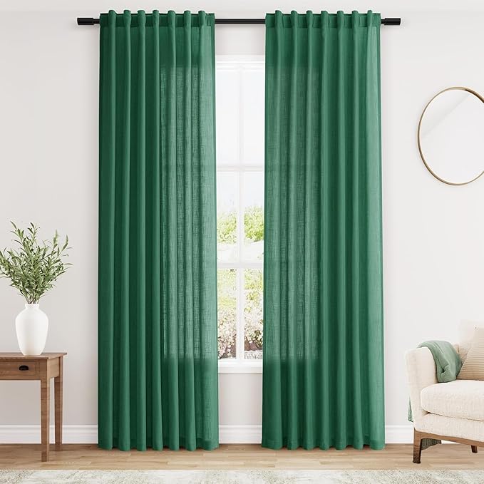Nanspring Dark Green Linen Curtains 84 Inch Length 2 Panels Set for Living Room Rod Pocket Back Tab Light Filtering Window Drapes for Bedroom Dining Room Privacy Country Farmhouse Decor 52x84