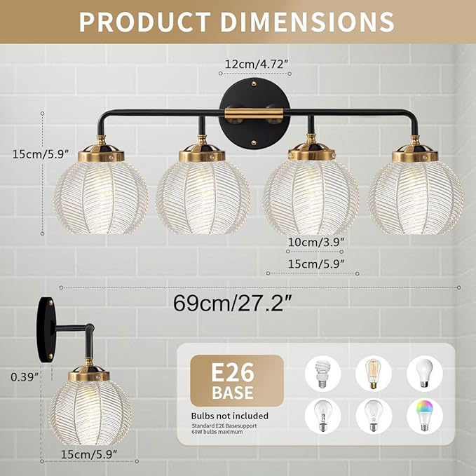 4-Lights Vanity Lights Bathroom Light fixtures Over Mirror Mid Century Modern Wall Sconce with Clear Glass Globe Shade Matte Black Gold Wall lamp for Kitchen Powder Room Over Mirror