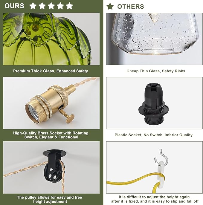 2 Pack Plug in Pendant Light Fixtures, Hanging Light Fixture Glass Pendant Light, Vintage Green Hanging Lamp, Pendant Lighting for Kitchen Island, Bedroom, Dining Room, Living Room