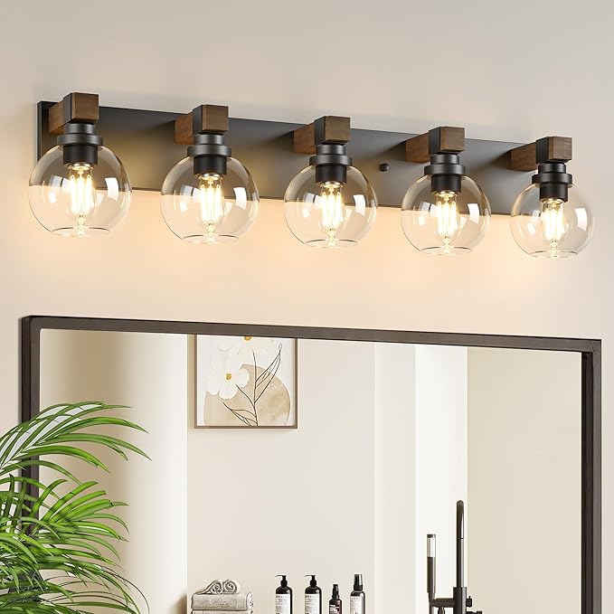Farmhouse Bathroom Vanity Light Fixtures, 5-Light Wood Bathroom Light Fixtures Over Mirror, Rustic Vanity Lighting with Glass Shade for Living Room, Bedroom, Hallway