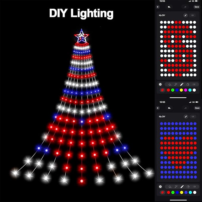 Smart 4th of July Decorations Lights, 18ft 521LED Large DIY Red White Blue Waterfall Tree Lights with Remote Timer Color Changing Light Music Sync APP Control for Garden Yard Patriotic Decor