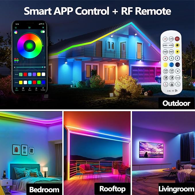 50FT Outdoor LED Strip Light IP68 Waterproof,Outside RGB Light Strip with App/Remote Control,Chase Mode,Music Sync Rope Light for Balcony,Deck,Rooftop,Garden,Pool