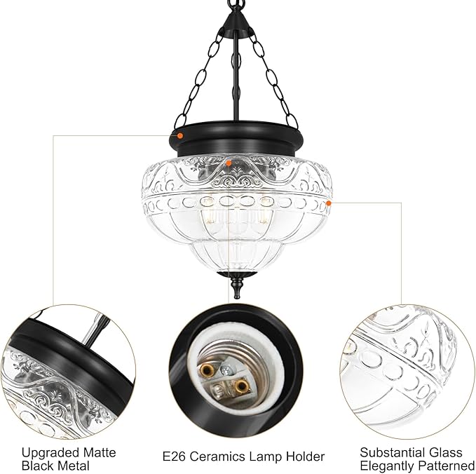 3-Light Matte Black Pendant Lights with 12In Floral Glass, Penant Lighting Fixtures with Adjustable Chain, Vintage Pendant Lights Kitchen Island, Hanging Light Fixtures for Dining Room, Entryway, E26