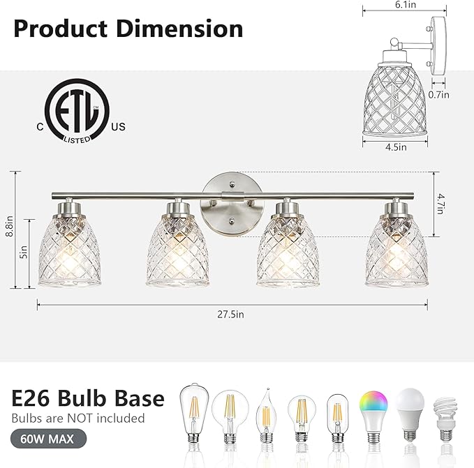 4-Light Bathroom Light Fixtures, Modern Brushed Nickel Vanity Light Over Mirror, Wall Sconce with Clear Hammered Glass Shades, E26 Base (Bulbs Not Included)