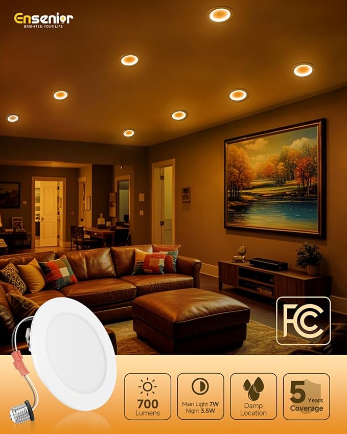 Ensenior 24 Pack 4 Inch 5CCT LED Can Lights with Night Light, Retrofit Led Recessed Lighting, Dimmable, 7W 120V, 700LM, IC Rated - FCC