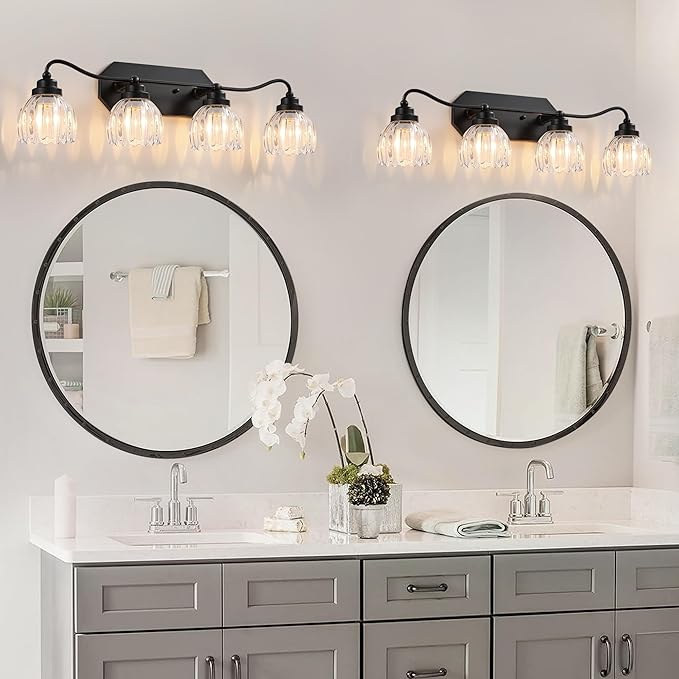 Vintage Bathroom Light Fixtures, 4 Light Bathroom Vanity Light, Black Matte Antique Brass Finish with Crystal Glass Shade, Mid Century Wall Sconces for Bedroom, Living Room, Hallway