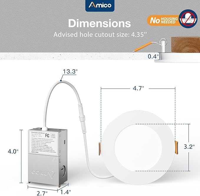 Amico 4 Pack 4 Inch 5CCT Ultra-Thin LED Recessed Ceiling Light with Junction Box, 2700K/3000K/3500K/4000K/5000K Selectable, 10W Eqv 60W 800LM Brightness Dimmable Canless Wafer Downlight, ETL & FCC