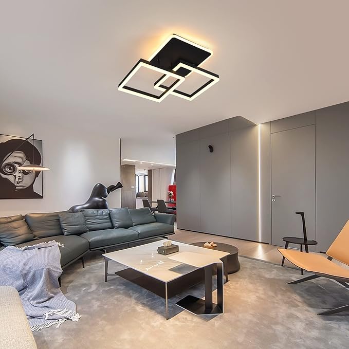 Garwarm Modern LED Ceiling Light, Dimmable 3 Heads Squares Ceiling Lamp Fixture with Remote, Acrylic Metal Flush Mount Ceiling Chandelier Lighting for Living Room Bedroom (70W, Black)