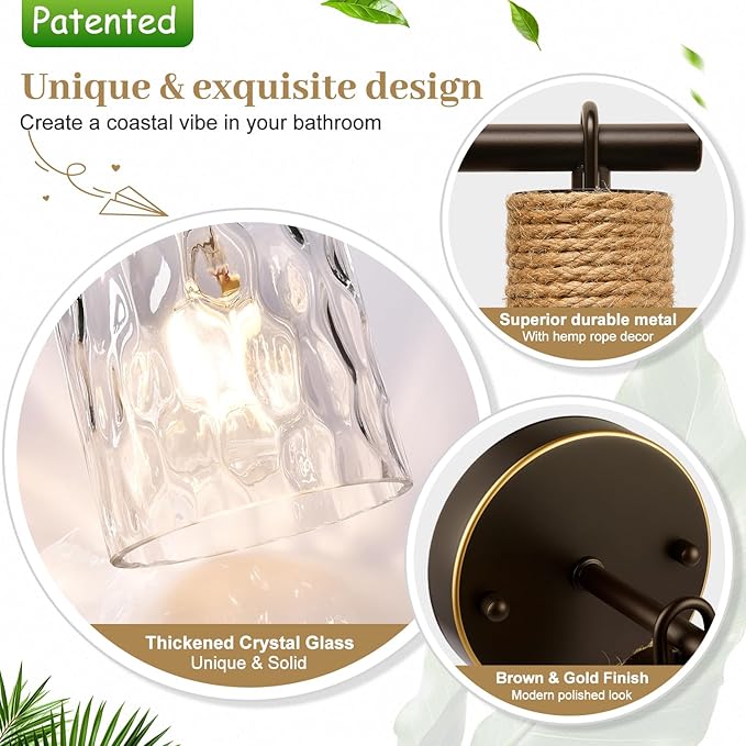 MOKATNG Set of 2 Wall Sconces for Bathroom, Coastal Modern Vanity Lights with Clear Glass Shade, Brown and Gold Bathroom Wall Lamp for Mirror Kitchen Living Room Hallway Cabinet Porch