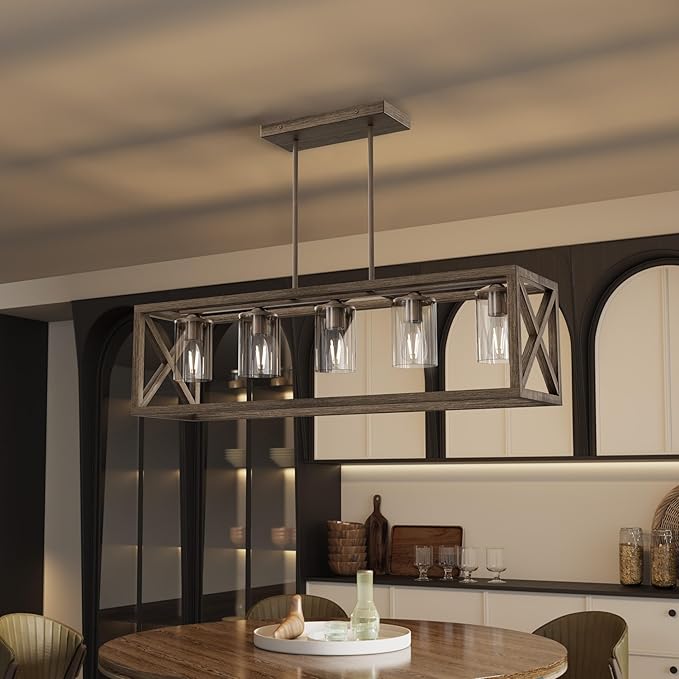 Espird Upgraded Burlywood Dining Room Light Fixture - 5 Light Rectangle Light Fixtures with Clear Glass Shade& Adjustable Height& Thickened Metal Dining Table Lights Fixture Chandeliers for DiningRoom